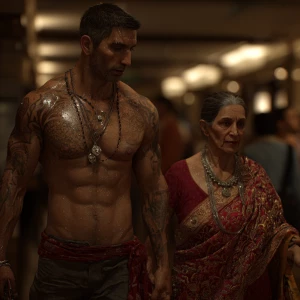 Photorealism,hyperrealismA sweaty beefy man walking with his 54...