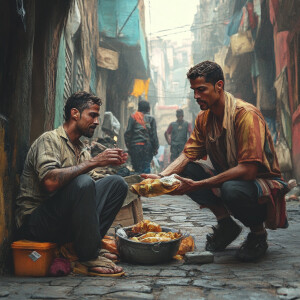 Christano Ronaldo begging in the streets of India, gritty backgr...