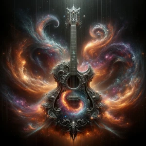 Dramatic splash art. A gothic guitar transforms into a swirling...