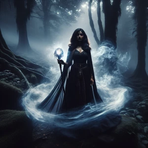 A witch in a flowing black cloak holding a glowing staff, standing in a dark, misty forest