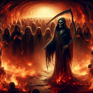 A haunting Reaper lady with a tattered cloak and scythe stands s...