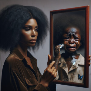 Create a 3-D realistic, adult african-American, female 
Did curly black hair, dark skin, looking at herself in a mirror, but the child that she sees in the reflection is dirty and crying and has scars, and there is a fallen butterfly