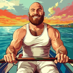 White muscular thin man with beard, big chin, smile and cheekbon...