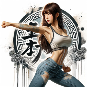 Athletic Thin skinny Attractive, Asian teenage girl, long brown hair and bangs, wearing tight skinny jeans and a halter top paint marks on her clothing, heroic pose Asian graffiti background, side view