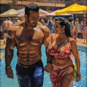 realism  style art,a sweaty beefy muscular man walking with his...