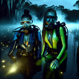 Two girls with scuba gear swam out of the swamp at night