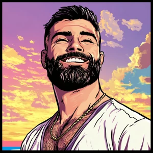 White muscular thin man with beard, big chin, smile and cheekbon...