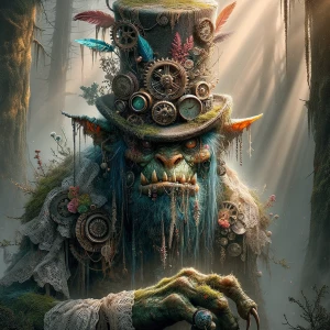 A neo-Victorian wild troll emerges from the shadows, a striking...