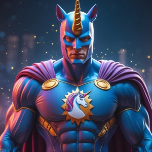 Create an image of a formidable superhero known as Unicorn Man, featuring an imposing, muscular physique, a vibrant costume with a unicorn emblem, and a majestic horn on his helmet that symbolizes his unique powers.