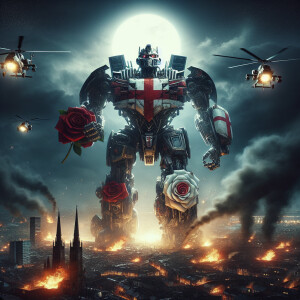 England as a transformer character, adorned with Saint George’s...