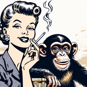 A nude woman smoking a cigarette sitting next to a chimp