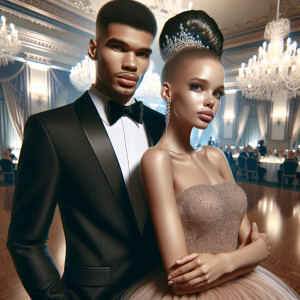 A light skin African American couple at a fancy ballroom event....