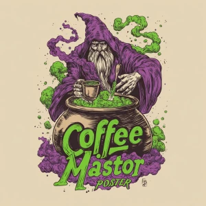 /imagine hand-drawn wizard in a fantasy robe brewing coffee in a...