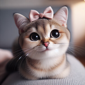 A cute cat, smiling up at the camera with a bow on its head