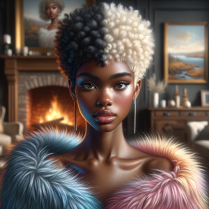 a full body veiw of a colorful gloss hyper realistic oil painting of a regal beautiful light skinned afro  American girlwith beautiful pixie cut one side of hair is black and the other side  of her hair white slick baby hair and furry white and pink and blue furry coat and outfit under the coat standing in living room with fireplace