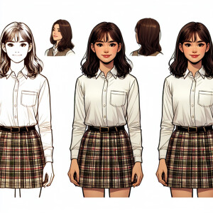 Photo of petite young brunette woman wearing short plaid skirt a...