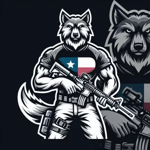 muscular tactical wolf with texas flag shirt shooting a rifle
