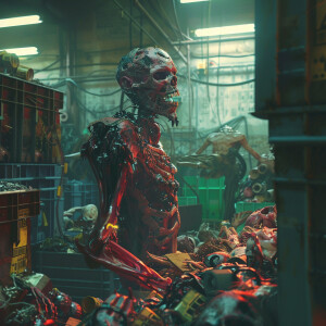 Handsome zombie working at a recycling plant. The plant is full...