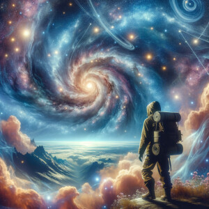 1. "Galactic Explorer": A cosmic wanderer surrounded by swirling...
