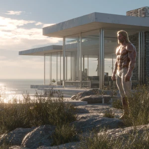 Subject: A hyper-realistic exterior scene featuring a mid-centur...