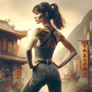 Athletic Thin skinny Attractive, Asian teenage girl, long brown hair and bangs, wearing tight skinny jeans and a halter top paint marks on her clothing, heroic pose Asian graffiti background, backside view