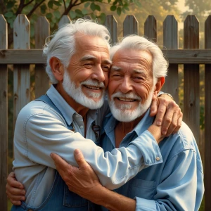 Two elderly men sharing a warm and affectionate embrace, conveyi...