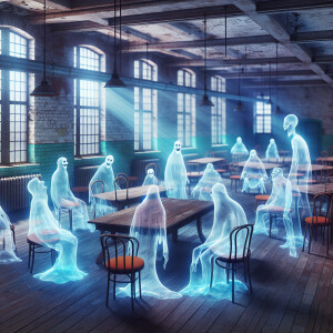 Photorealistic image . Funny, ghosts of asylum lunatics