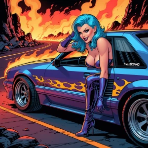 Create a digital comic book-style illustration in high contrast with a striking blue-haired demoness leaning provocatively out of a 1992 Ford Mustang window. The Mustang should be portrayed as a modified hot rod, featuring a prominent supercharger through its hood scoop, oversized tires, and a glossy purple metallic paint embellished with white flaming pinstripes. The demoness exudes a sensual aura with piercing eyes, full lips, and a playful smirk, dressed in a body-hugging, flame-themed bodysuit, thigh-high boots, and fingerless gloves. The background depicts a hellish landscape, with a road flanked by volcanic rocks and intense flames, casting a sinister light over the scene. The composition should be framed as a medium close-up, low-angle side shot, capturing the allure of