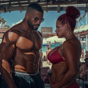 Photorealism.a  muscular sweaty man standing and talking  with h...