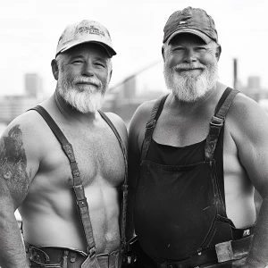Mike and Alex, two master builders in their 50s with sculpted bo...