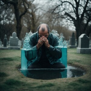 a man made entirely of glass, filled with water and , sitting ha...