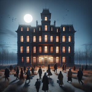 People walk past an abandoned mansion with no lights on