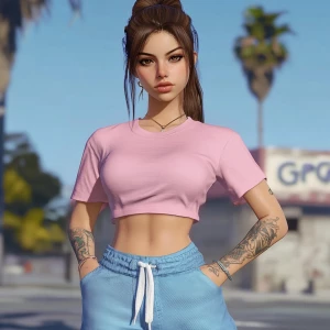 Lucia from GTA, girl with brown hair, big eyebrows, pumped up li...
