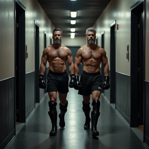 Two Male Bodybuilders In Boxers With Black Work Boots Gray Hair...