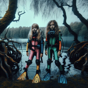 Two girls in scuba gear are standing near the lake and there are...