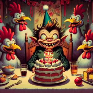 A funny imp is sitting at a festive table, with a birthday cake...