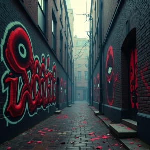 "Craft an image titled 'Gothic Graffiti NIGHTMARE,' where a hyper-realistic gothic landscape dominates a dystopian urban alley. The scene is a fusion of dramatic and surreal elements, with sprawling graffiti that twists and warps across the walls in morphing, monstrous forms—each stroke alive with a psycho horror vibe. Amidst this cinematic chaos, hyper-realistic details pull viewers into the nightmare: eyes peer from the shadows, and grotesque faces blend into the dark brick, their expressions a haunting fusion of dread and despair. Shadows deepen the drama, creating an atmosphere thick with tension and unease, embodying a world where reality melds with nightmarish imagination."