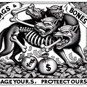 very detailed logo showing vicious three headed wolf eating a la...