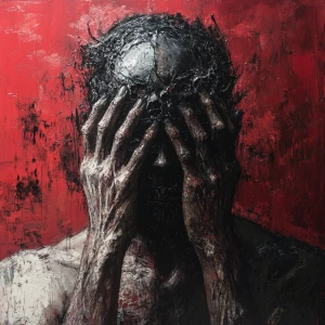 Depict a figure whose visage and form are profoundly altered due...