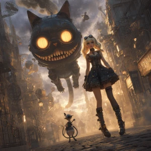 Alice in a steampunk world — wearing brass goggles, a leather co...