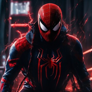 Create an image featuring a Spiderman-Venom hybrid character wit...