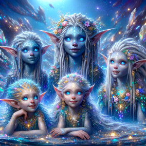 adorable family of elf fairy water trolls with sparkling univers...