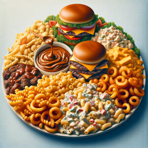A garbage plate with cheeseburger patties Mac Salad curly fries...