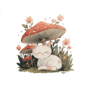Cat under mushroom, kawaii style, pastels, white background
