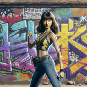 Athletic Thin skinny Attractive, Asian teenage girl, long brown hair and bangs, wearing tight skinny jeans and a halter top paint marks on her clothing, heroic pose Asian graffiti background, backside view