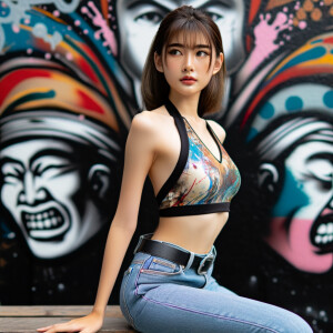 Very thin Athletic Thin skinny Attractive, Asian teenage girl, long brown hair and bangs, wearing tight skinny jeans and a halter top paint marks on her clothing, sitting side view heroic pose Asian graffiti