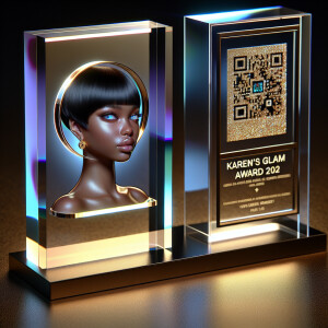 A transparent plaque, inscribed with "Karen’s Glam Award 2024,"...