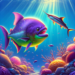 Purple lime piranha no teeth playing with a swordfish