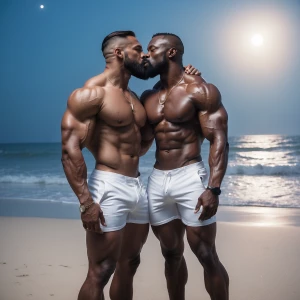 Two muscular men black bodybuilders, beard shirtless and wearing...
