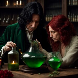 Alan rickman as severus snape making potion with a beautiful wom...
